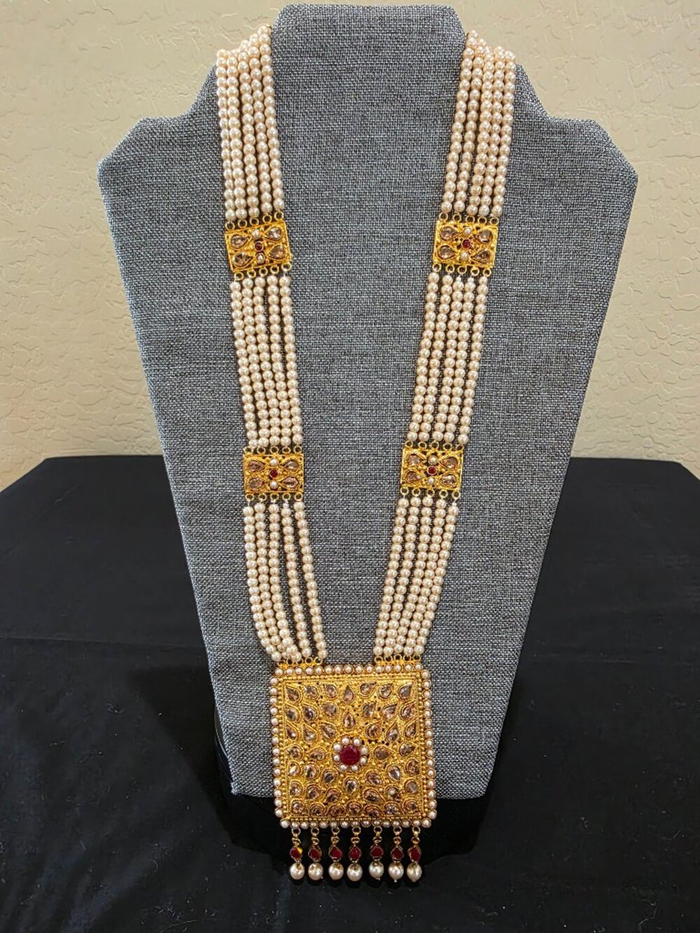 Stunning 22k Gold Plate Rani Haar Multi-Strand Pearl Kundan Bridal Mala Necklace